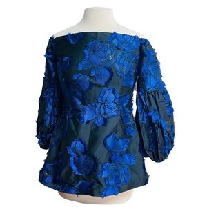NWT Lela Rose Off the Shoulder Full Sleeve Floral Black Blue Blouse Top Size 10